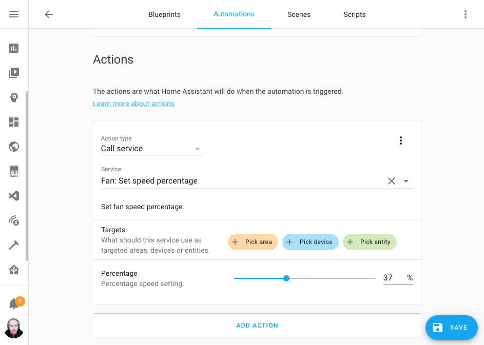 Screenshot of automation editor, showing the % fan speeds!