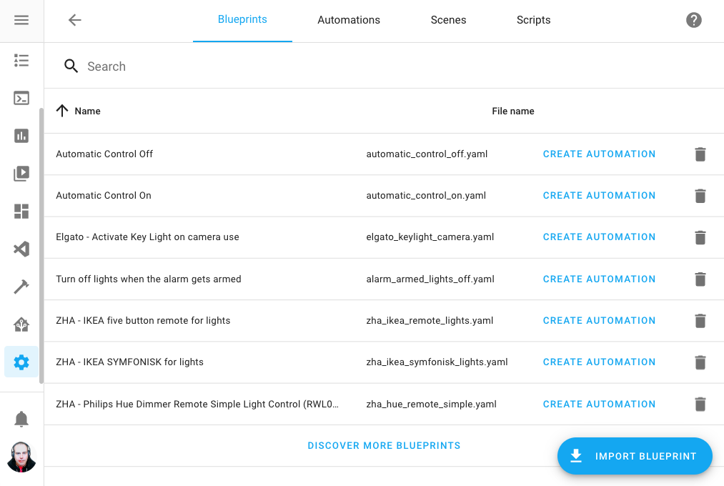 Screenshot of the blueprints configuration panel