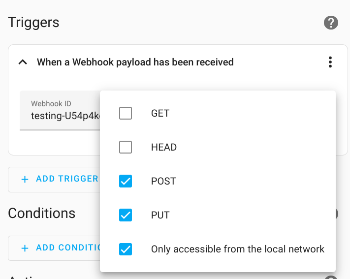 Screenshot shoting webhook trigger options