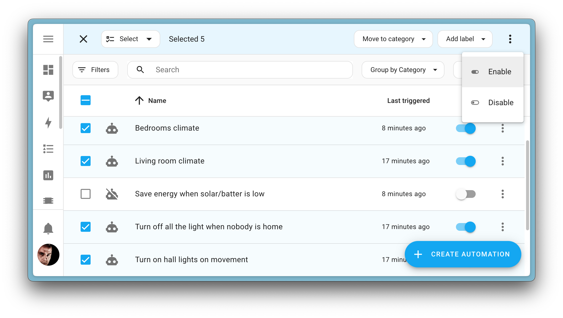 Screenshots showing selection mode active in a table, with some items selected, highlighting the bulk actions you can perform on those selected items.