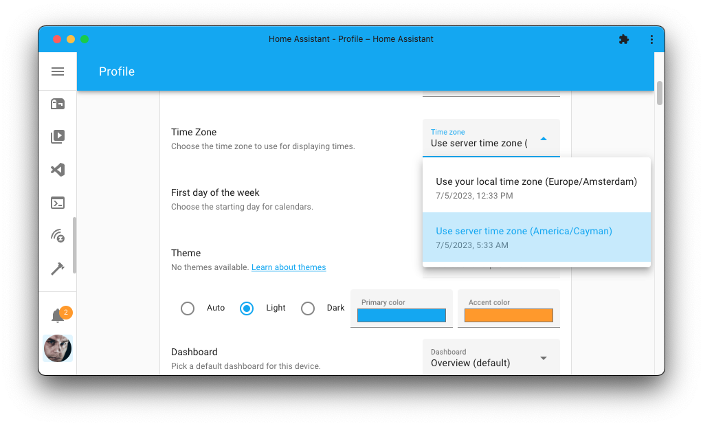 Screenshot showing a new option in the user profile, that allows you to choose if you want Home Assistant to use the server or your current timezone.