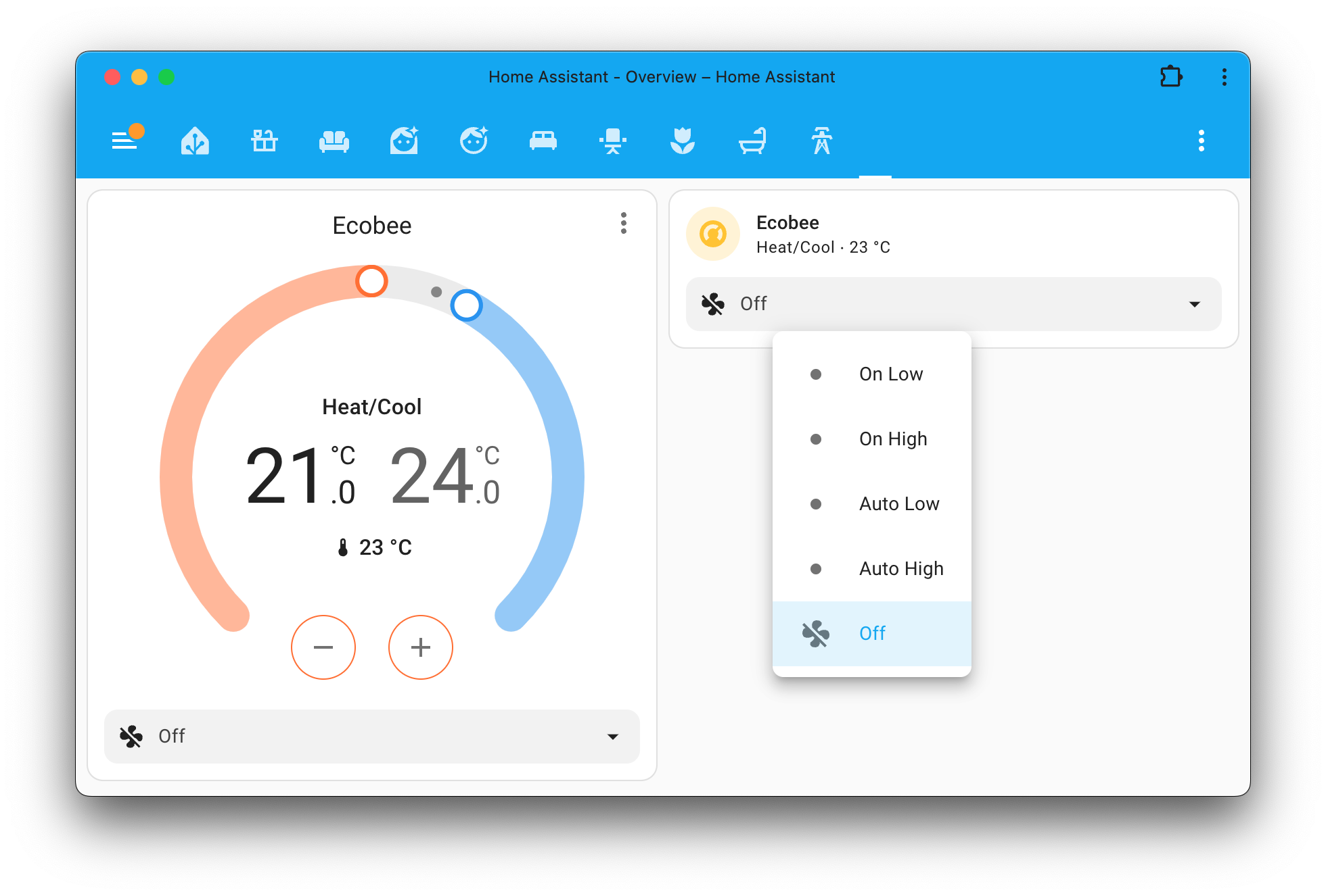 Screenshot showing the new fan mode card feature that can be used on the tile and thermostat cards.