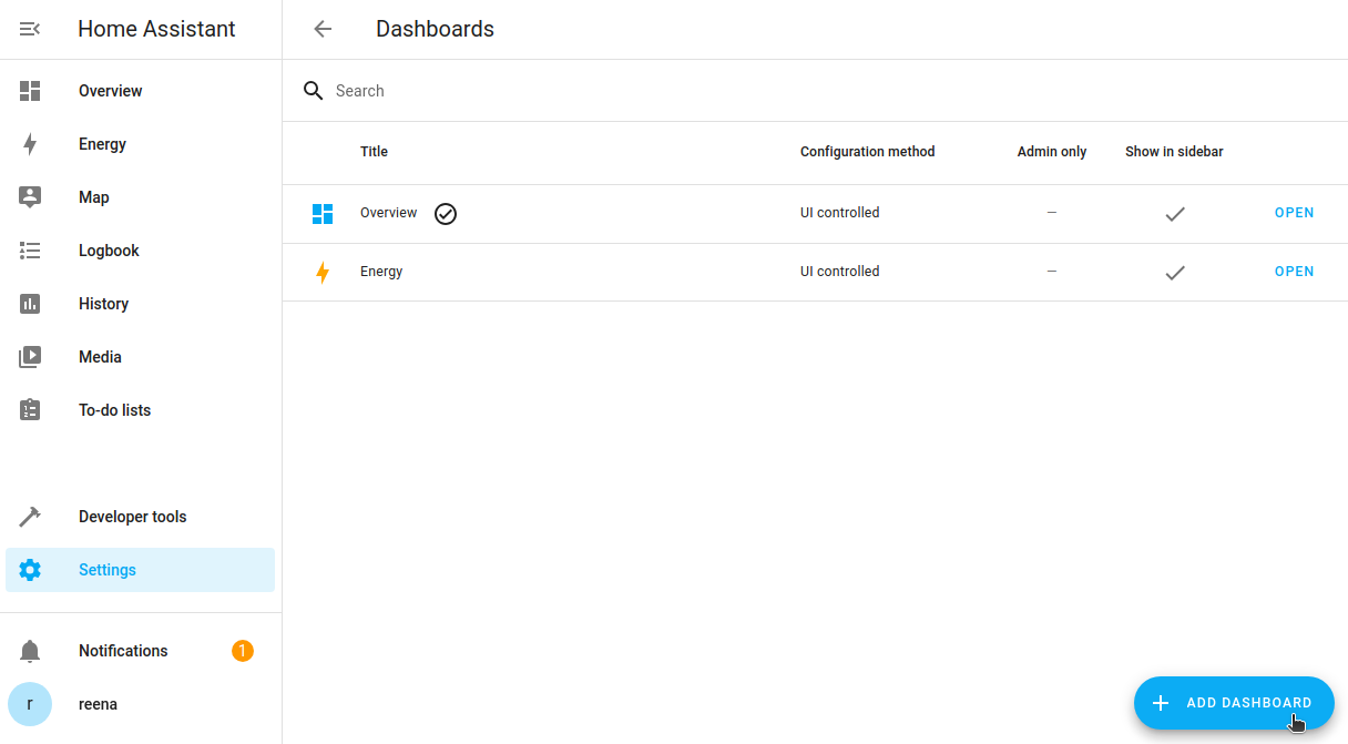 Screenshot of the dashboard list