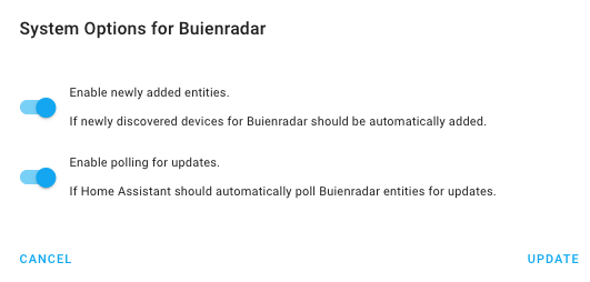 Screenshot of the system options of an integration showing the disable polling option