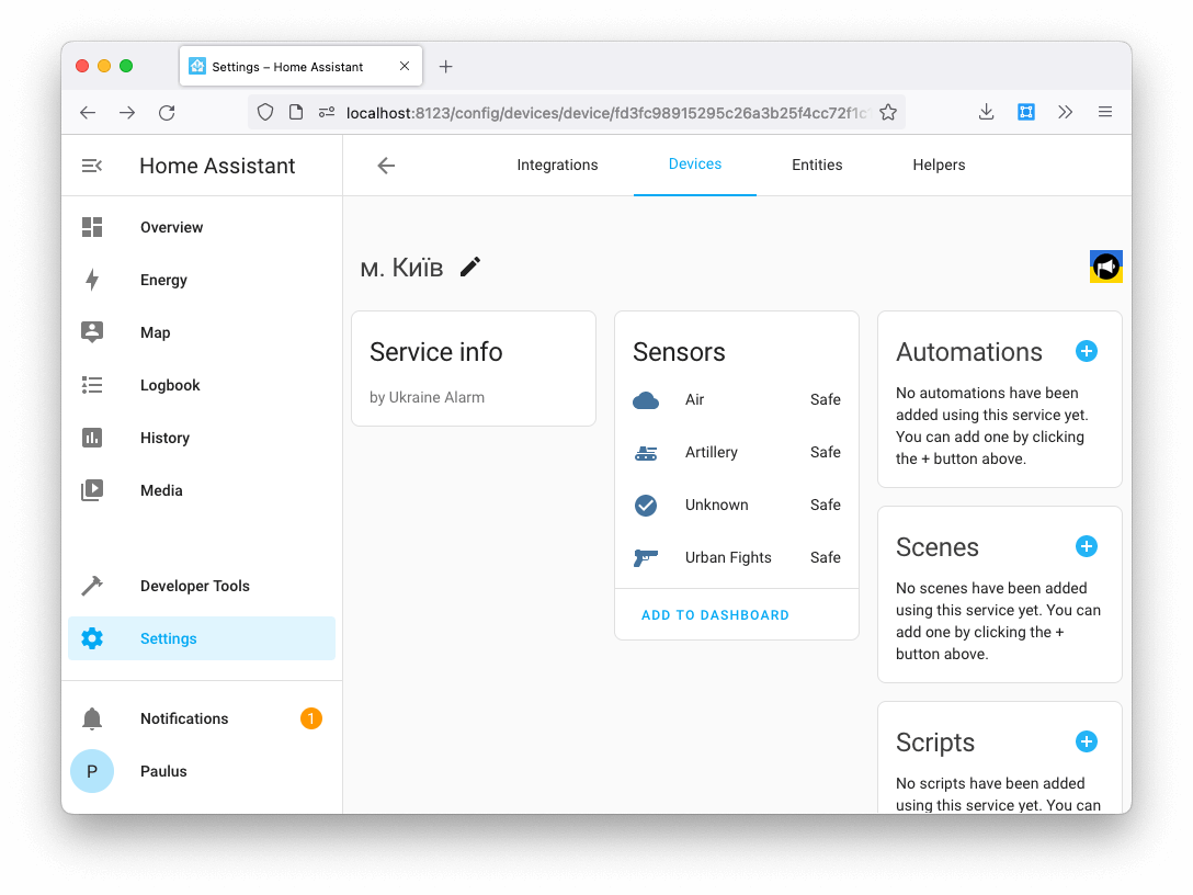 Screenshot of safety sensors provided by the Ukraine Alarm in integration in Home Assistant