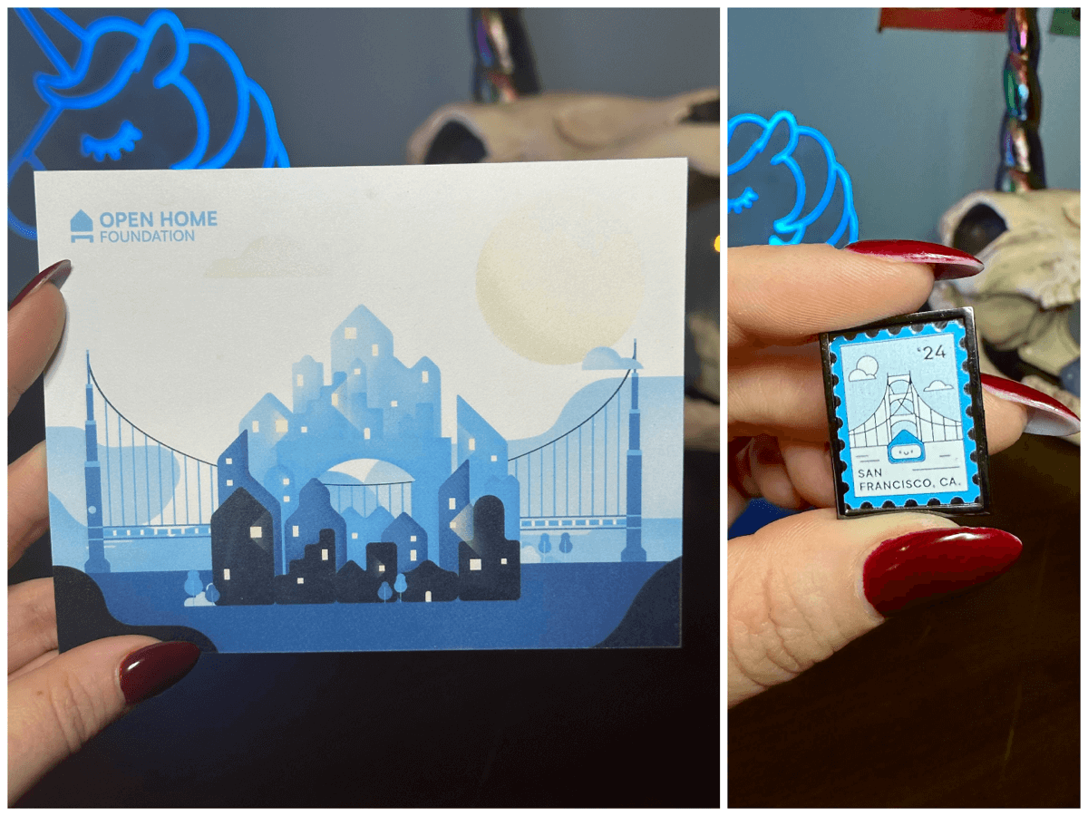 postcard and badge