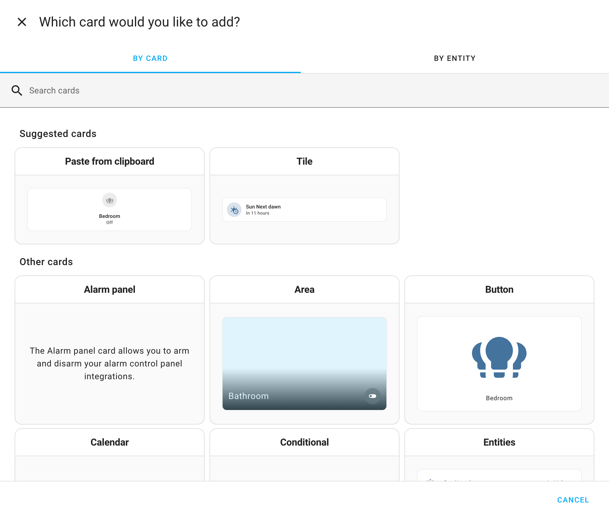 Add card by Card type dialog