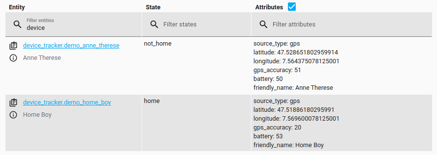 Screenshot showing the state of a device tracker entity in the developer tools