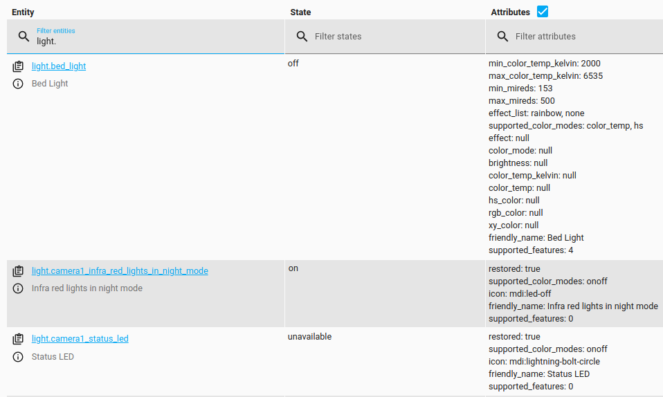 Screenshot showing three lights with differents states: `on`, `off`, or `unavailable`