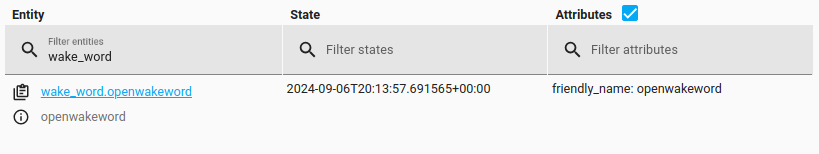 Screenshot showing the state of a wake word detection entity in the developer tools