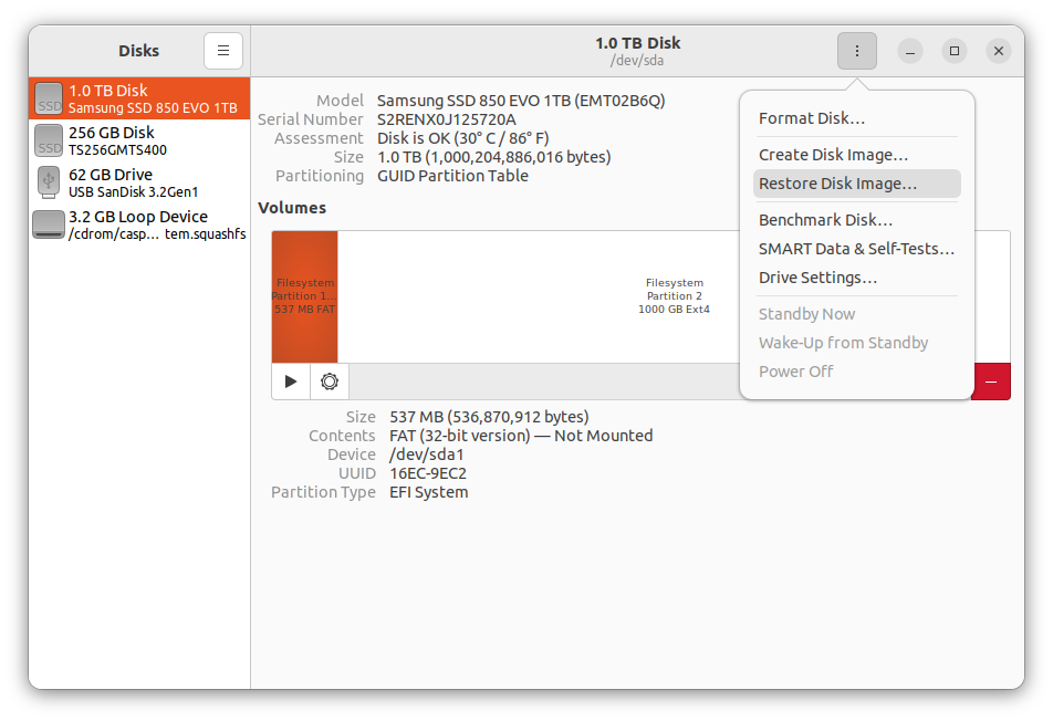 Restore disk image: select three dots menu