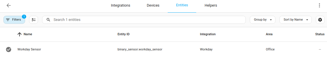 Screenshot of the entities list, filtered for workday