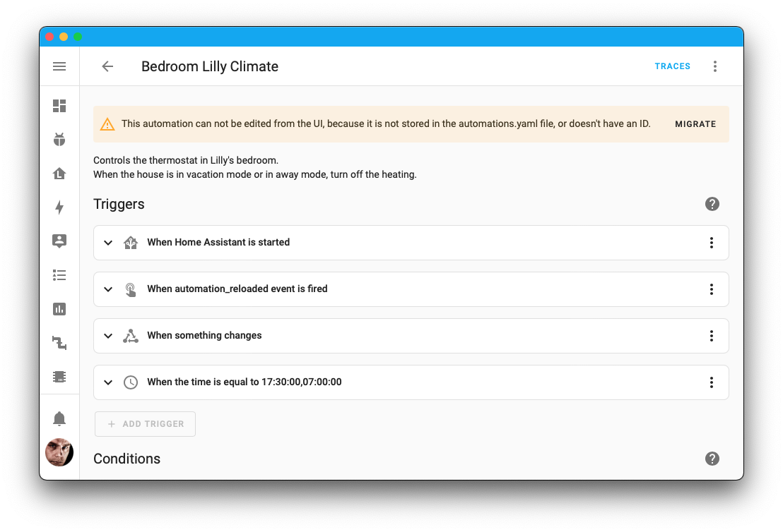 Screenshot showing an YAML automation as read-only in the automation editor.