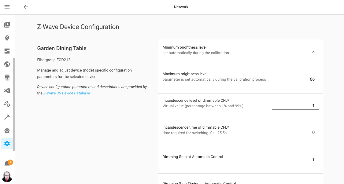 Screenshot of configuring a Z-Wave device from within Home Assistant