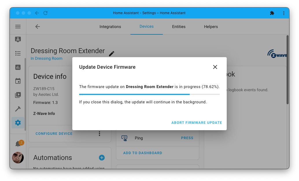 Screenshot showing the a Z-Wave device that has firmware installation in progress